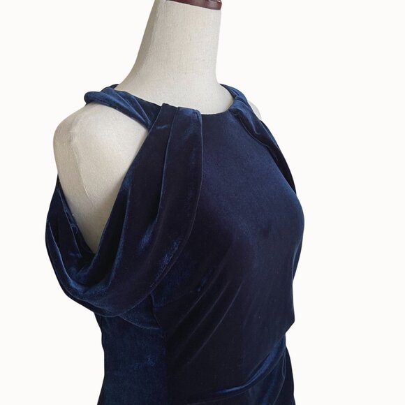 Ralph Lauren Blue Stretch Velvet Off Shoulder Midi Sheath Cocktail Dress Size 8 - Picture 3 of 11